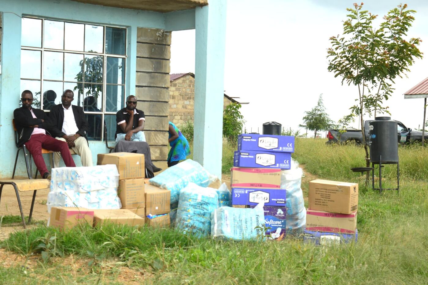 Boxes of sanitary kits and supplies ready for donation at Loosuk
