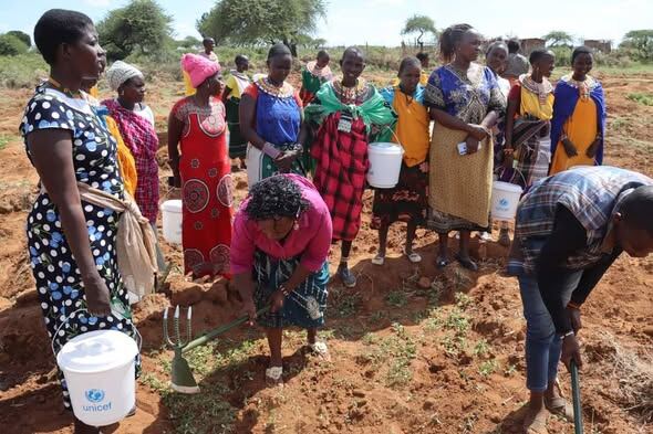 Women's groups receiving farm tools and seedlings in Leir Baawa, October 2024
